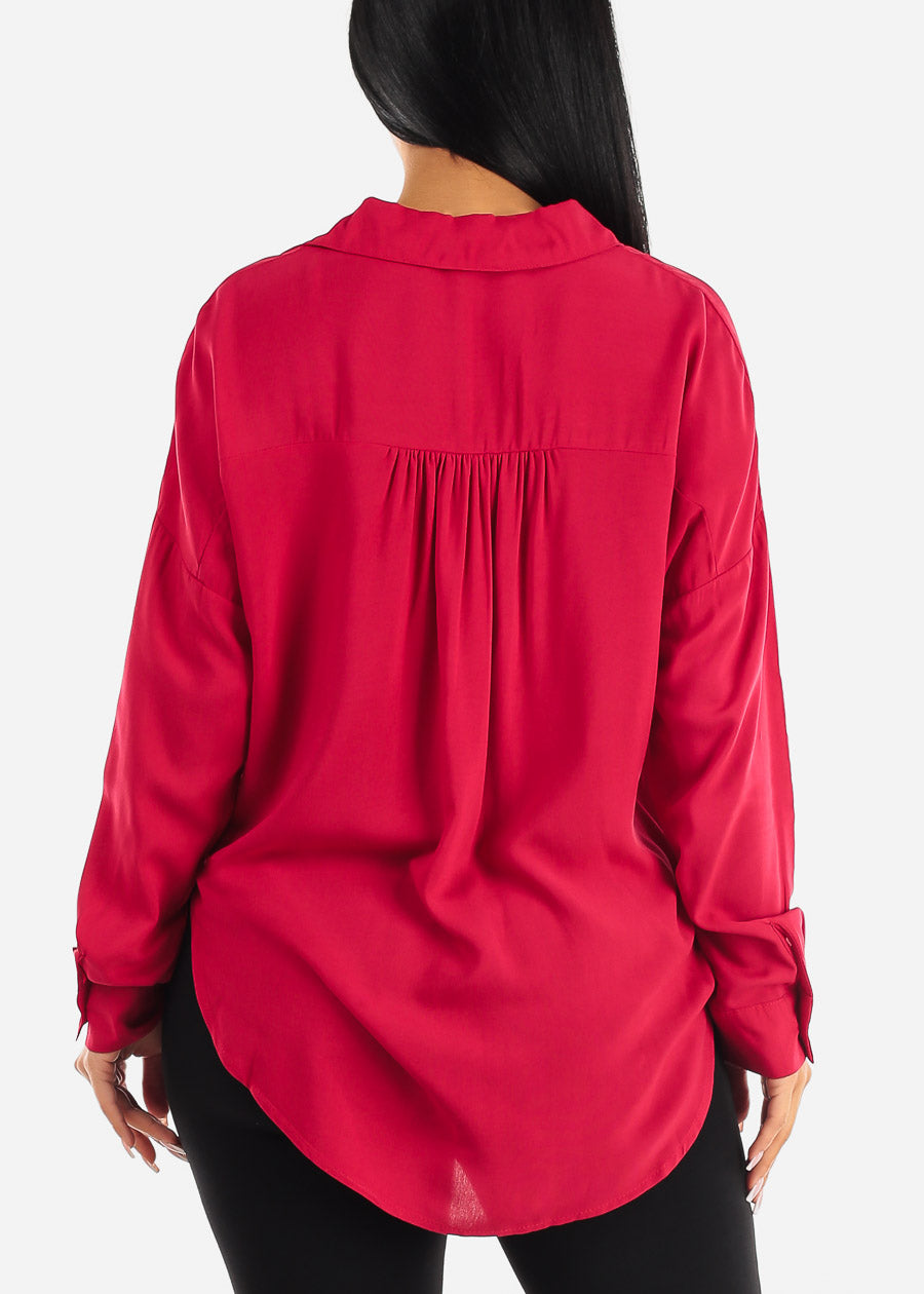 Oversized Long Sleeve Button Down Shirt Red