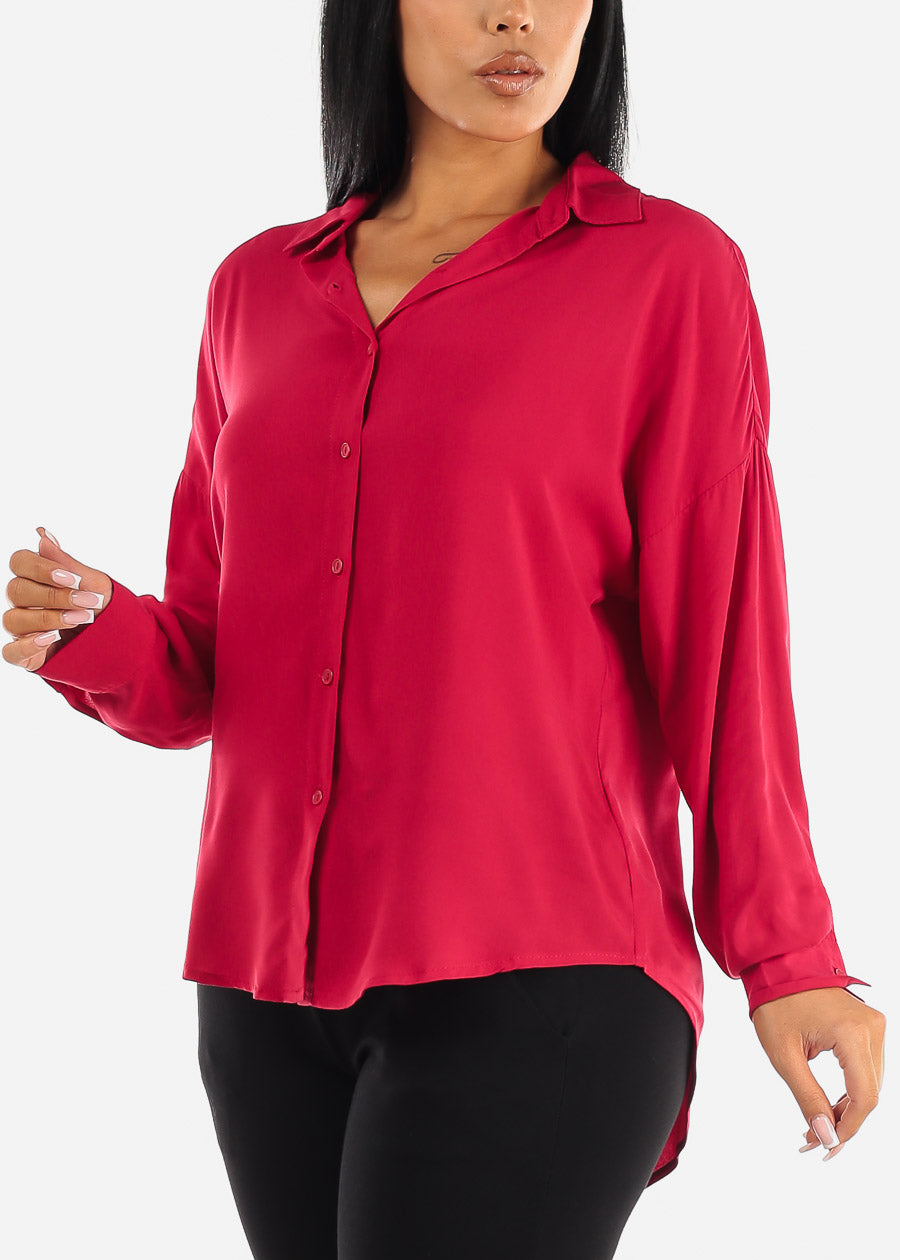 Oversized Long Sleeve Button Down Shirt Red