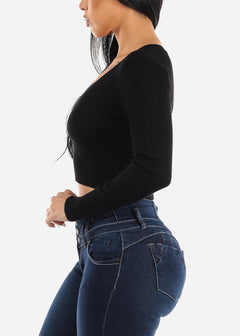 Black Long Sleeve Ribbed Sweater Cropped Top
