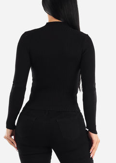 Black Long Sleeve Mock Neck Ribbed Sweater