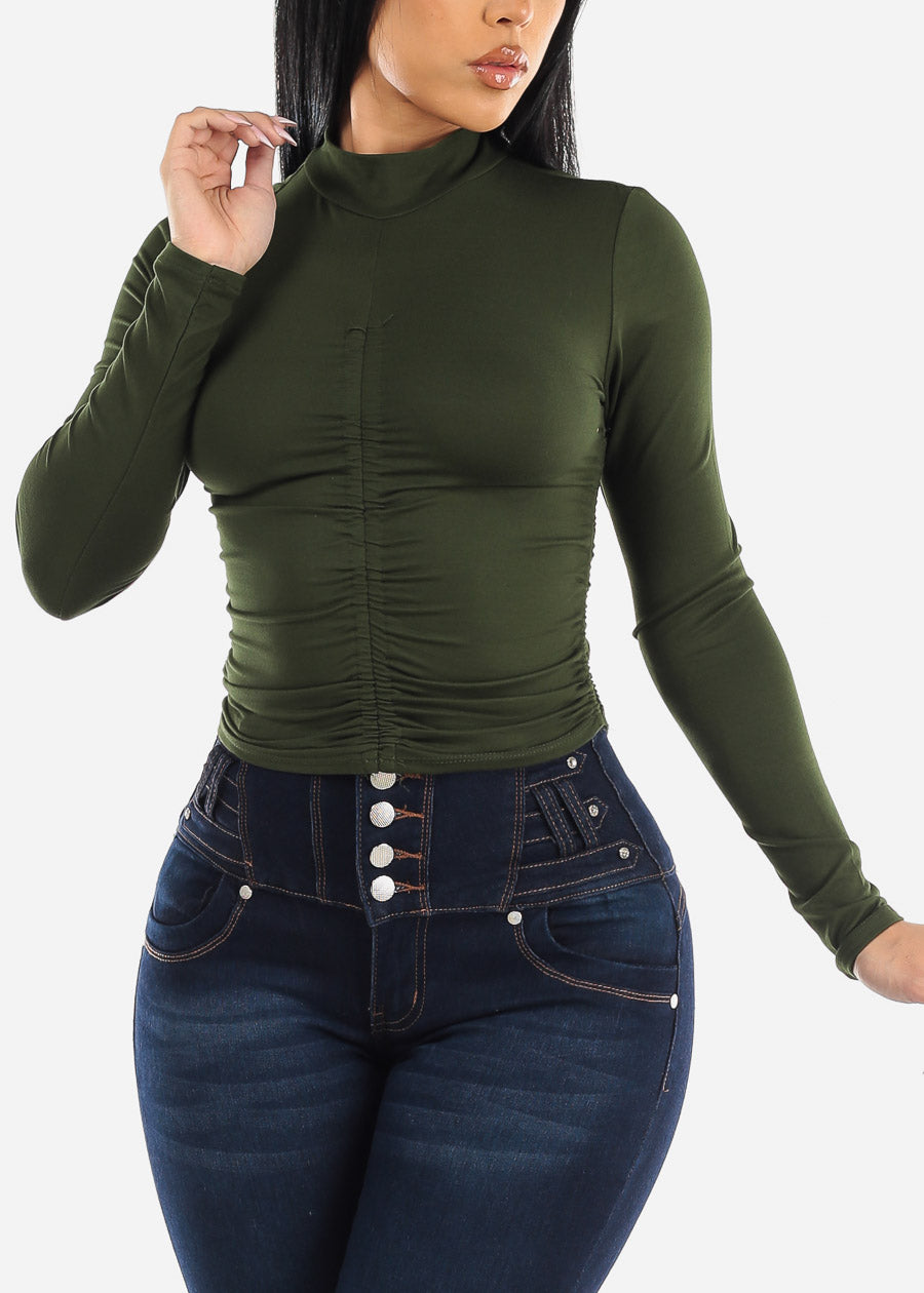 Long Sleeve Front Ruched Mock Neck Top Green