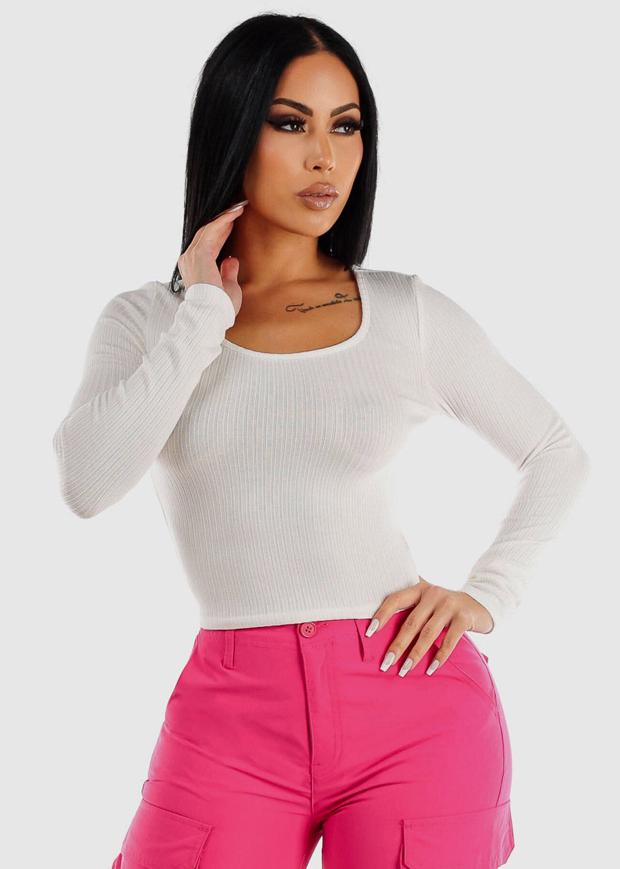 White Ribbed Knit Long Sleeve Top
