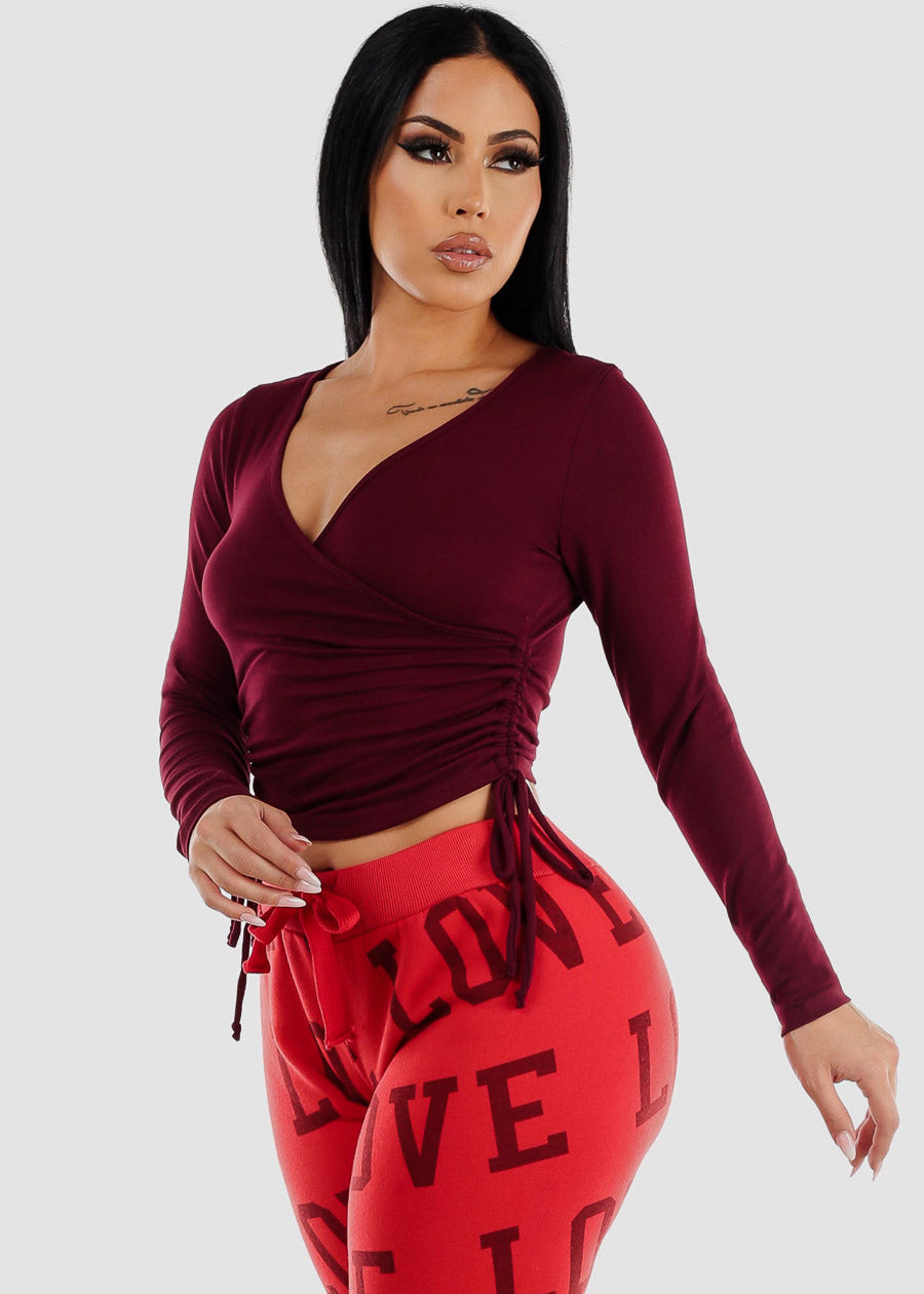 Long Sleeve Surplice Crop Top Burgundy w Ruched Sides
