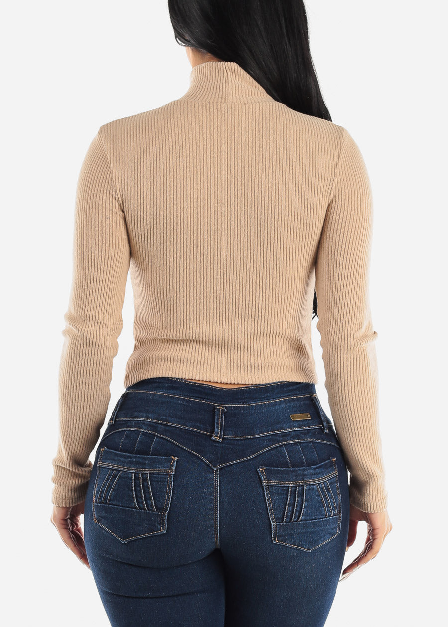 Long Sleeve Mock Neck Cropped Sweater Top Taupe
