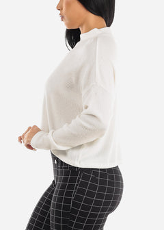 White Long Sleeve Mock Neck Hacci Sweater Crop Top