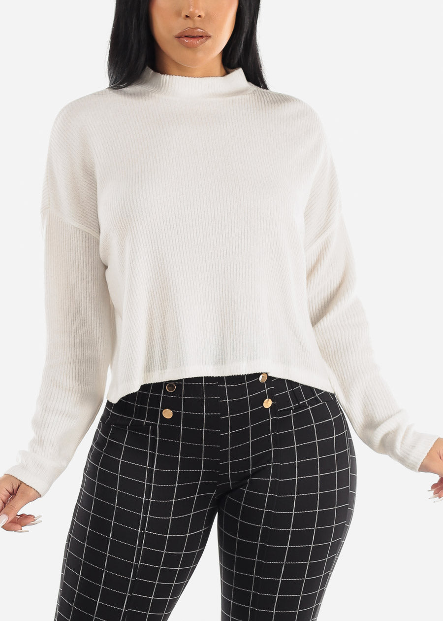 White Long Sleeve Mock Neck Hacci Sweater Crop Top