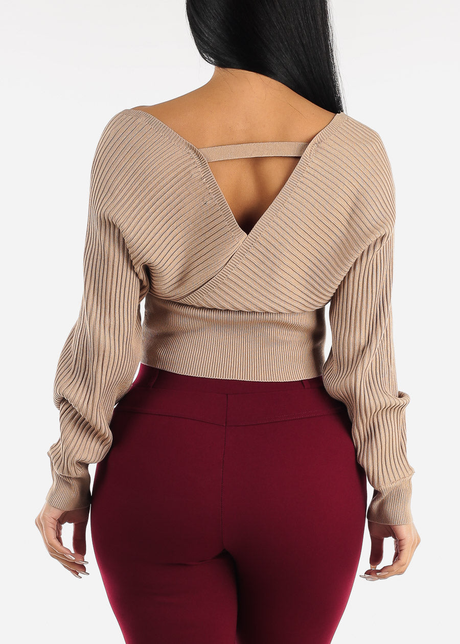 Khaki Overlap Cropped Sweater