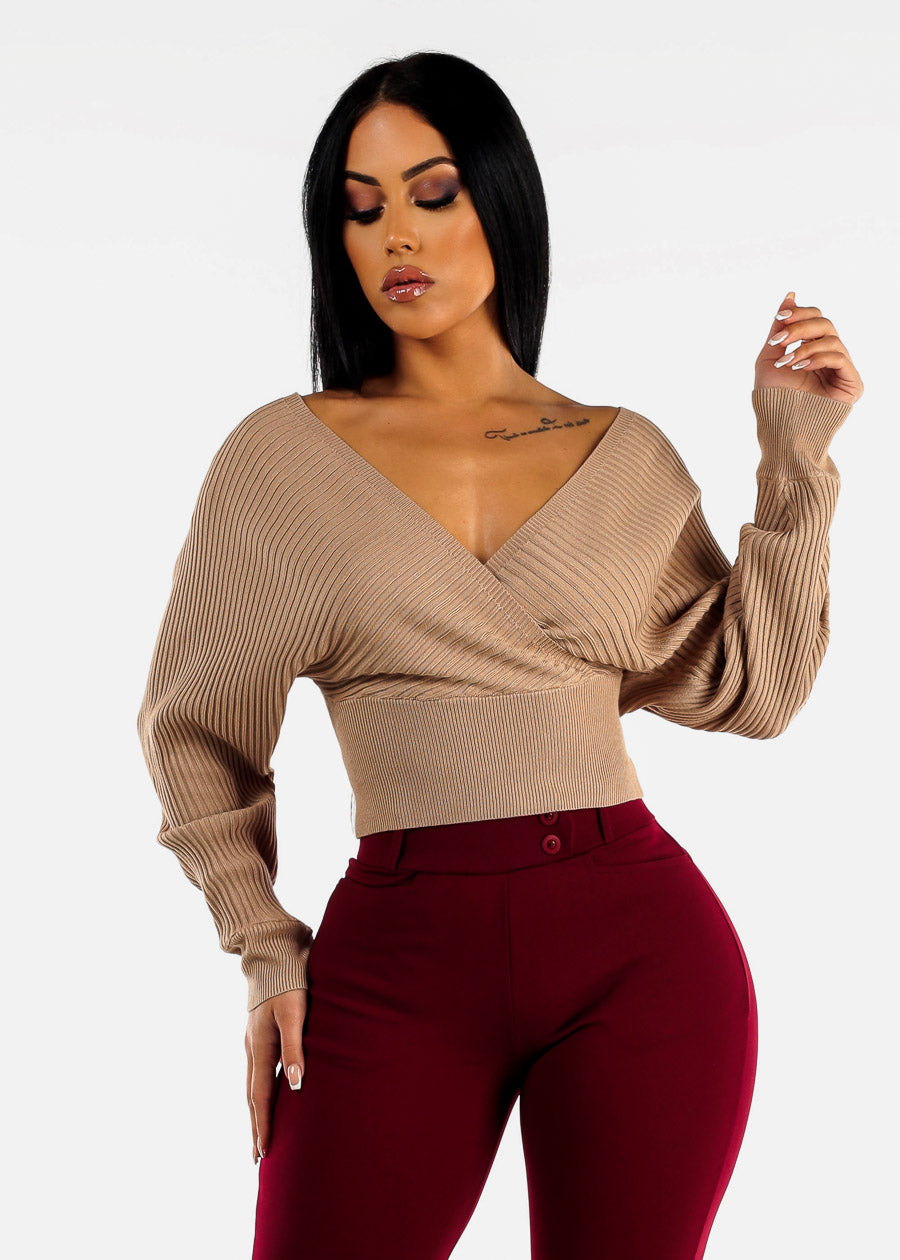 Khaki Overlap Cropped Sweater