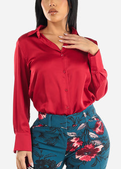 Satin Long Sleeve Button Down Collared Blouse Red