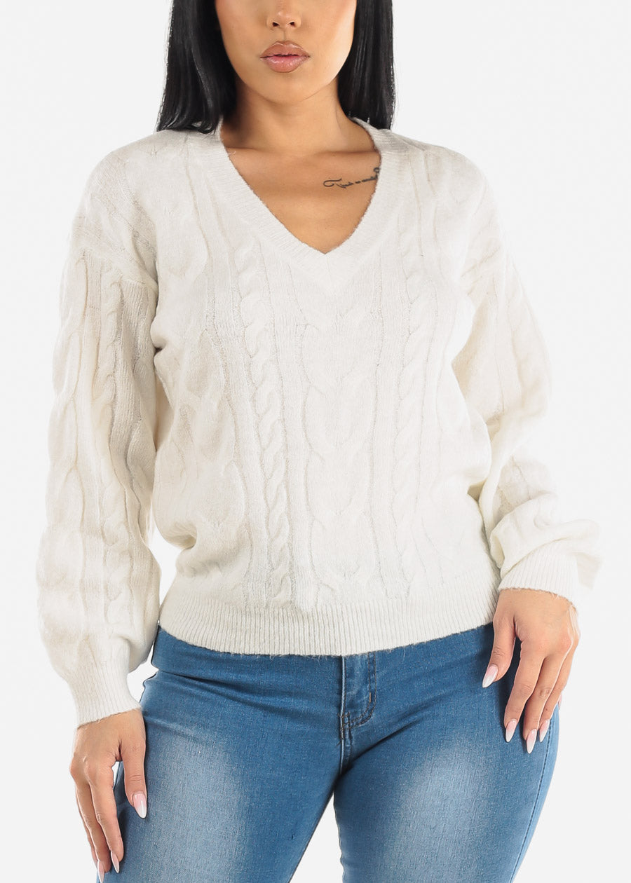 V-Neck Cable Knit White Long Sleeve Mossy Sweater