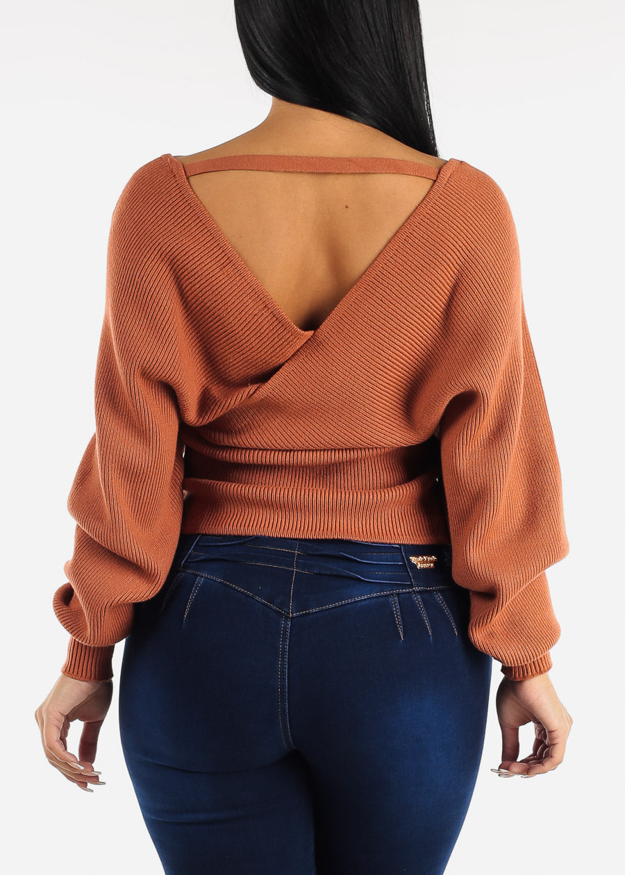 Long Sleeve Wrap Front Brick Sweater