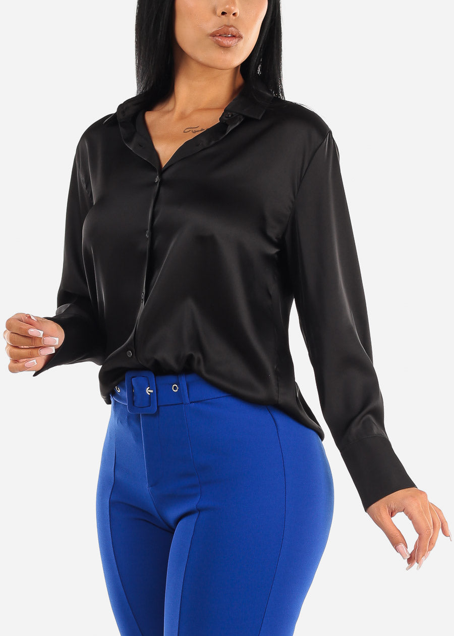 Satin Long Sleeve Button Down Collared Blouse Black