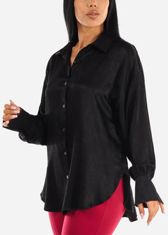 Long Sleeve Button Up Black Glossy Satin Collared Blouse