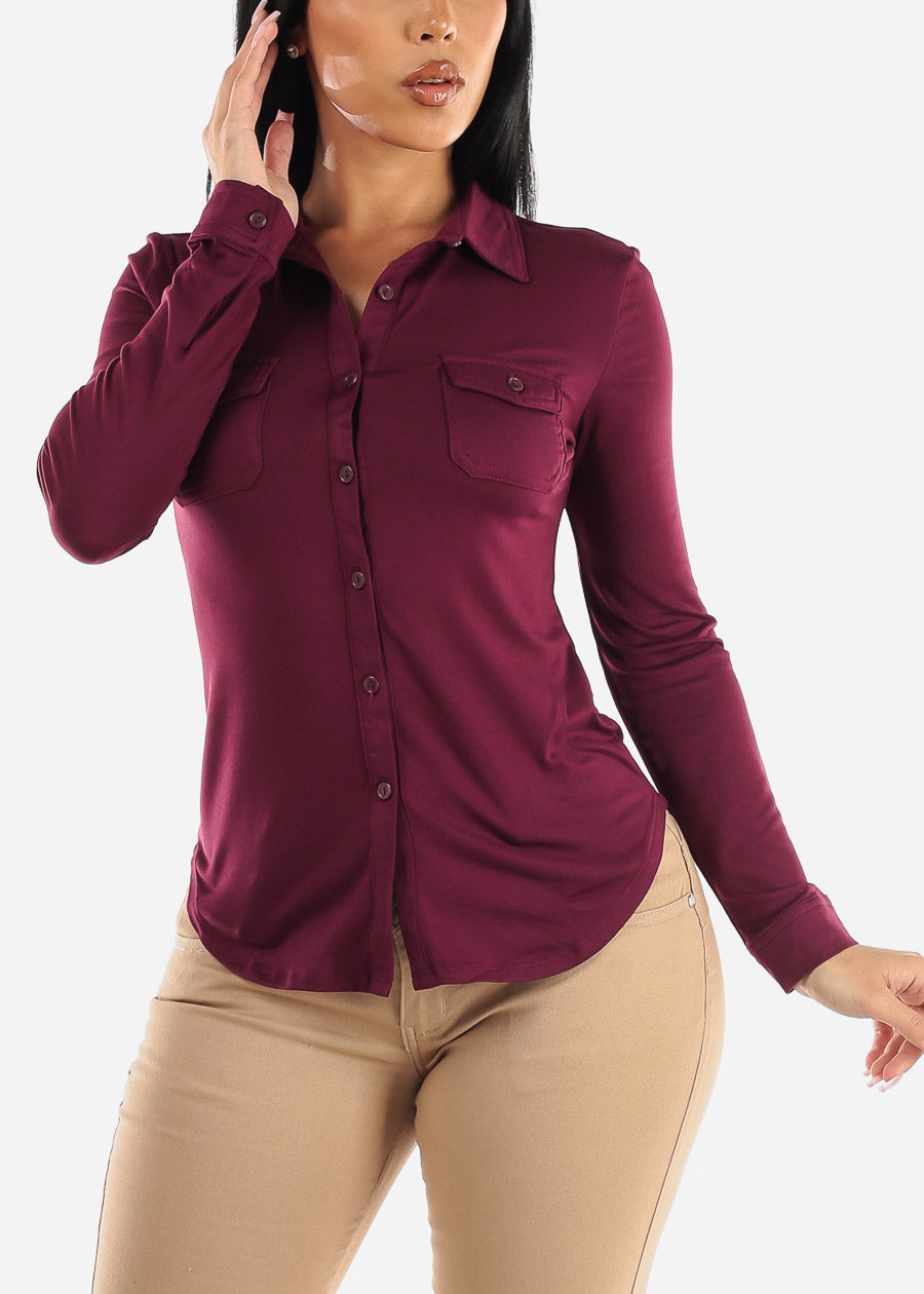 Long Sleeve Button Up Fitted Collared Top Burgundy