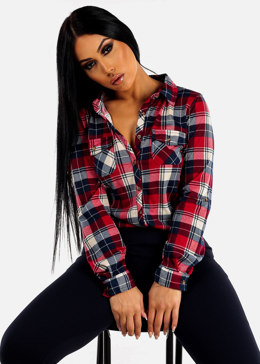 Long Sleeve Button Up Plaid Shirt Navy & Red