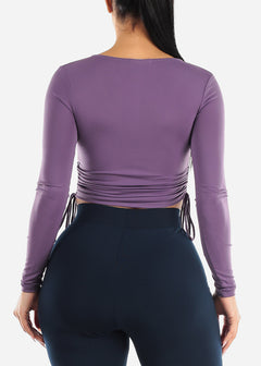 Long Sleeve V-neck Crop Top Lilac w Ruched Sides