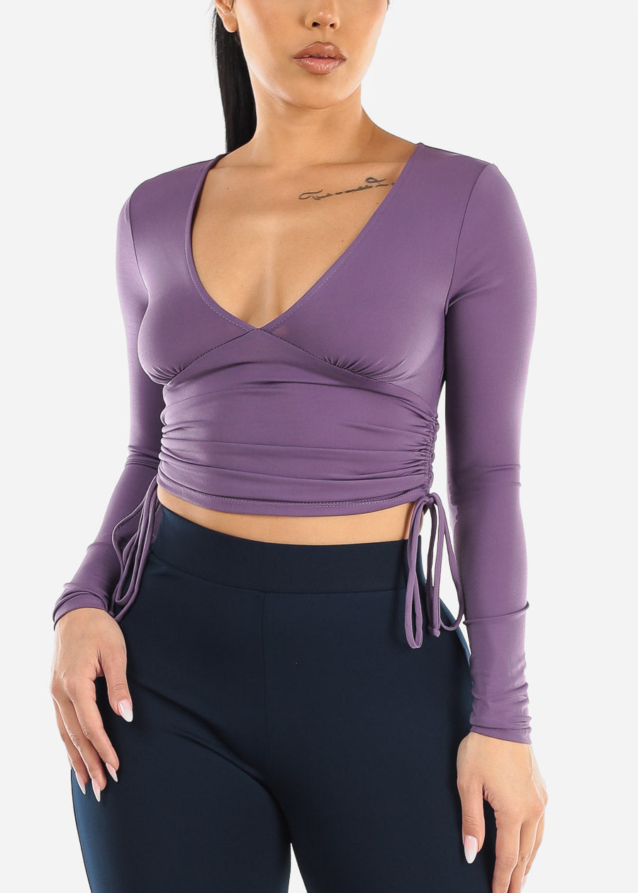 Long Sleeve V-neck Crop Top Lilac w Ruched Sides
