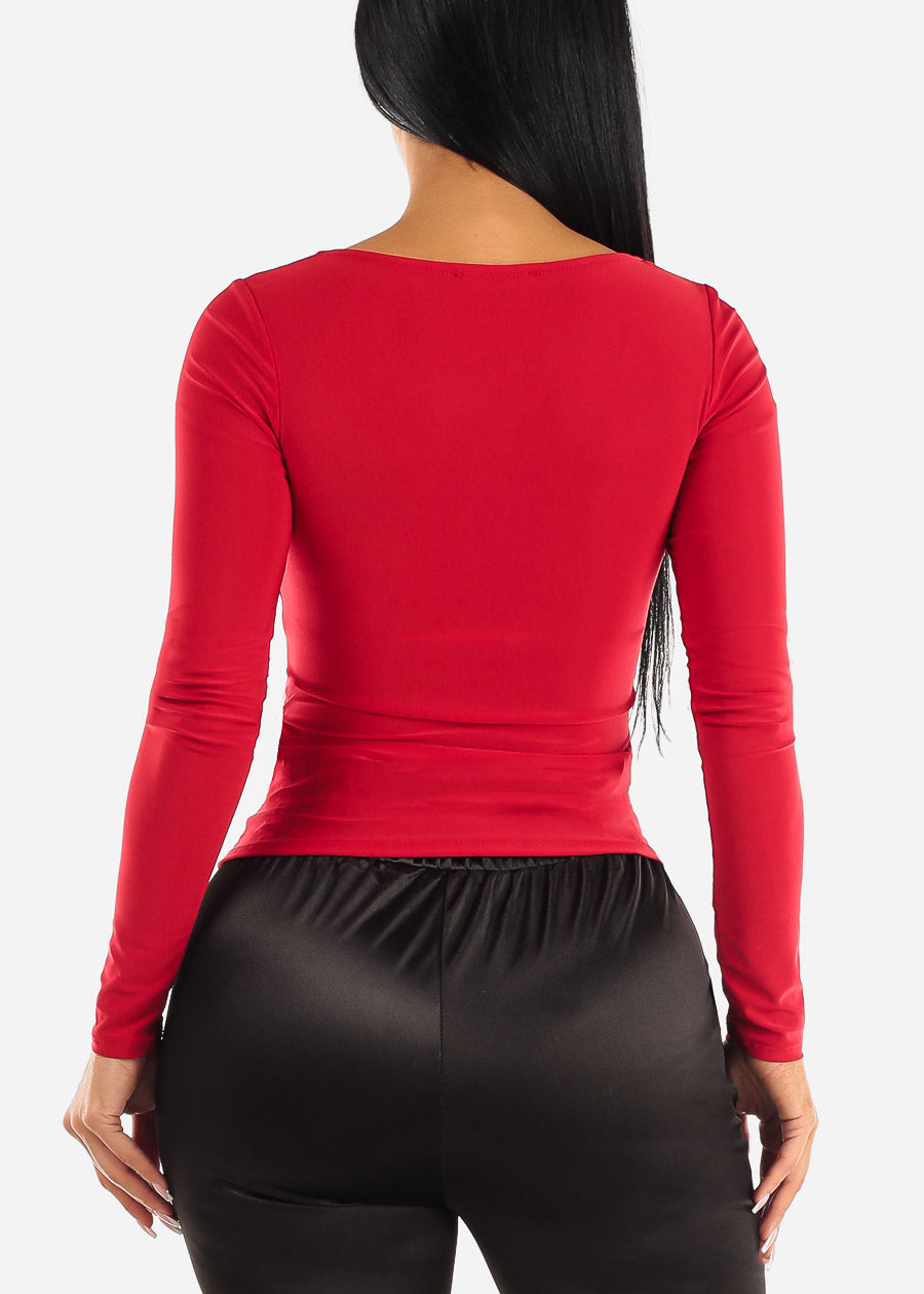 Red Long Sleeve Square Neck Fitted Top