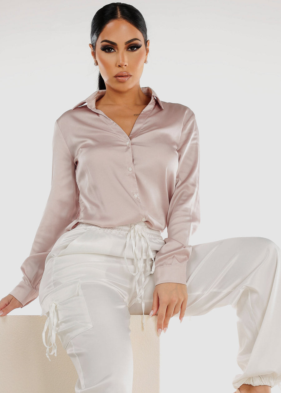 Satin Long Sleeve Button Down Collared Blouse Champagne