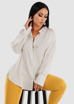 Long Sleeve Button Up Glossy Satin Collared Blouse Ivory