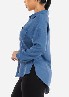 Long Sleeve Relaxed Fit Collared Blouse Blue