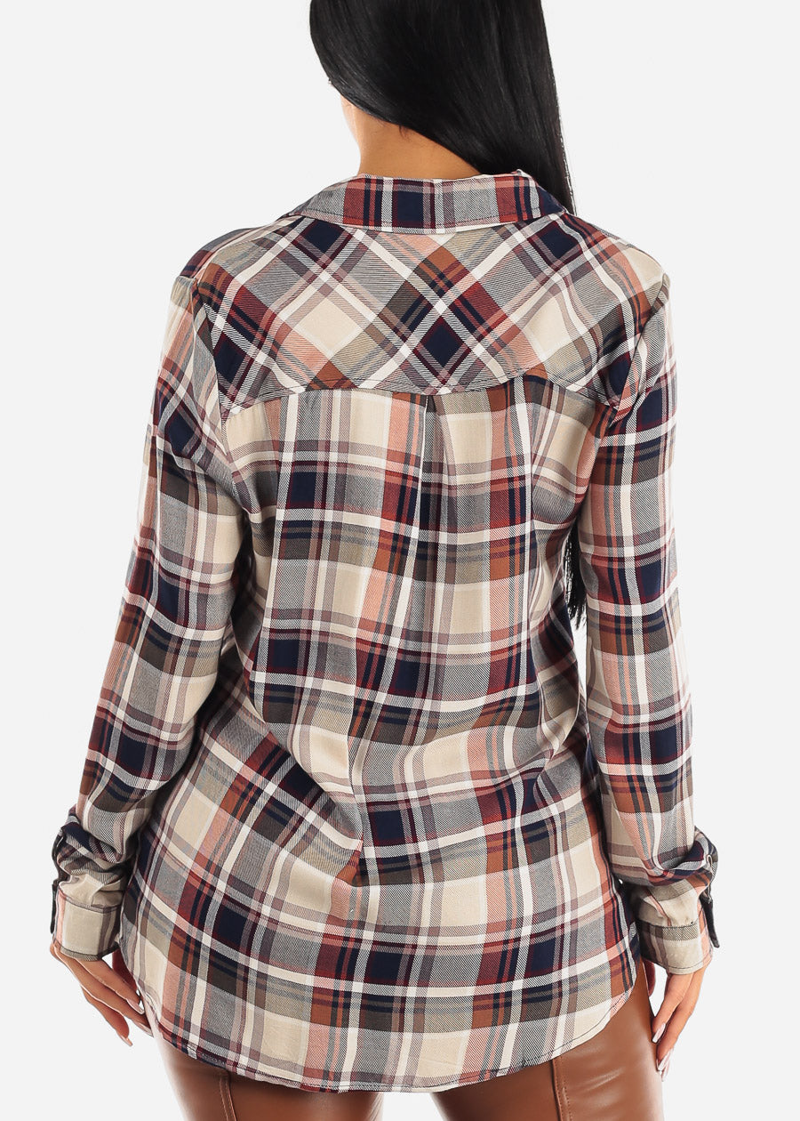 Long Sleeve Button Down Plaid Collared Blouse