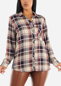 Long Sleeve Button Down Plaid Collared Blouse