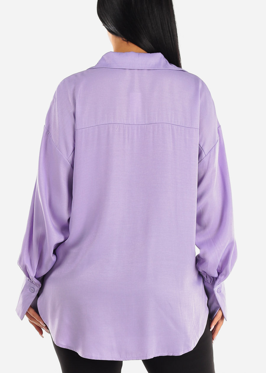 Long Sleeve Button Up Glossy Satin Collared Blouse Lavender