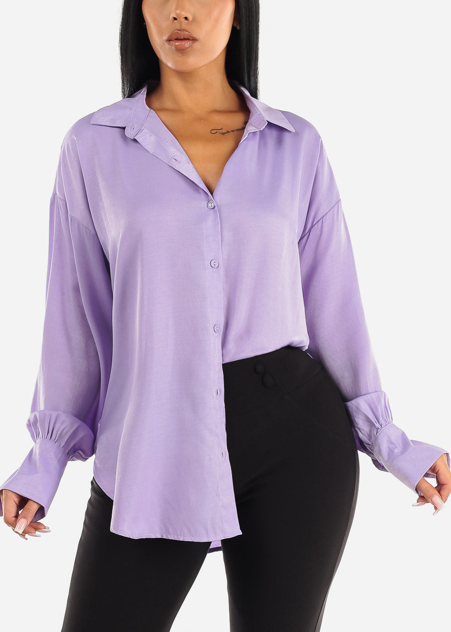 Long Sleeve Button Up Glossy Satin Collared Blouse Lavender