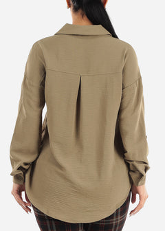 Long Sleeve Relaxed Fit Collared Blouse Olive