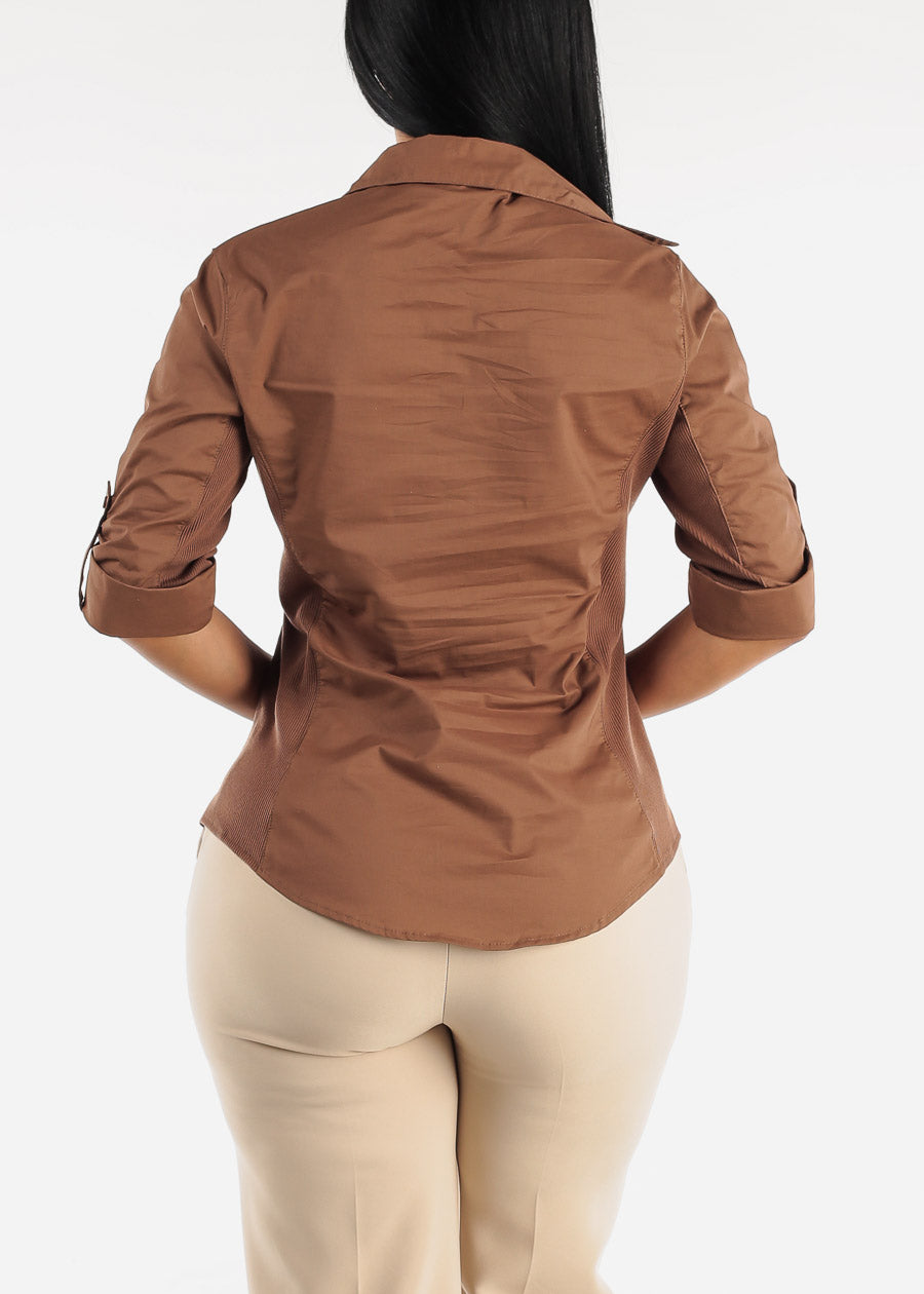 Quarter Sleeve Button Up Shirt Brown w Contrast Panel
