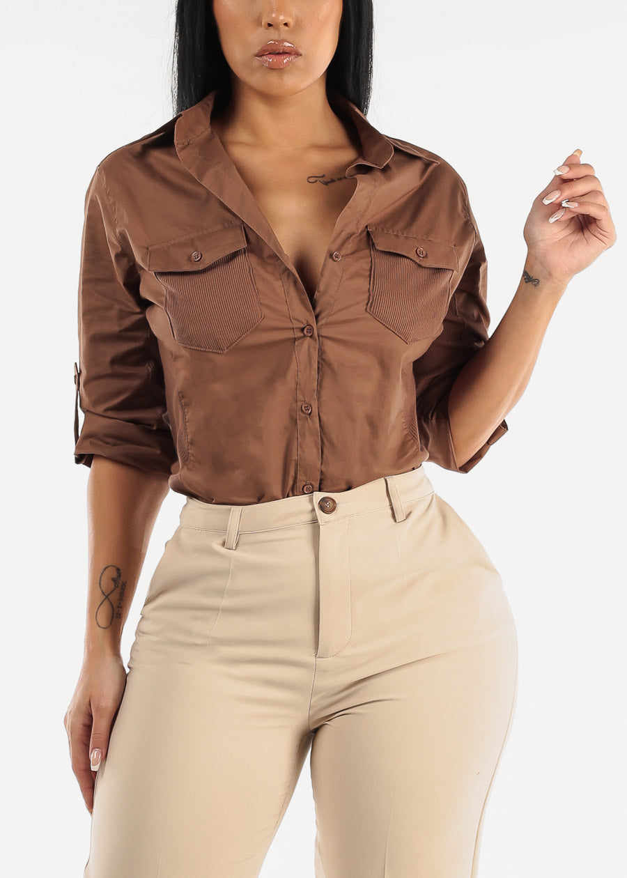 Quarter Sleeve Button Up Shirt Brown w Contrast Panel