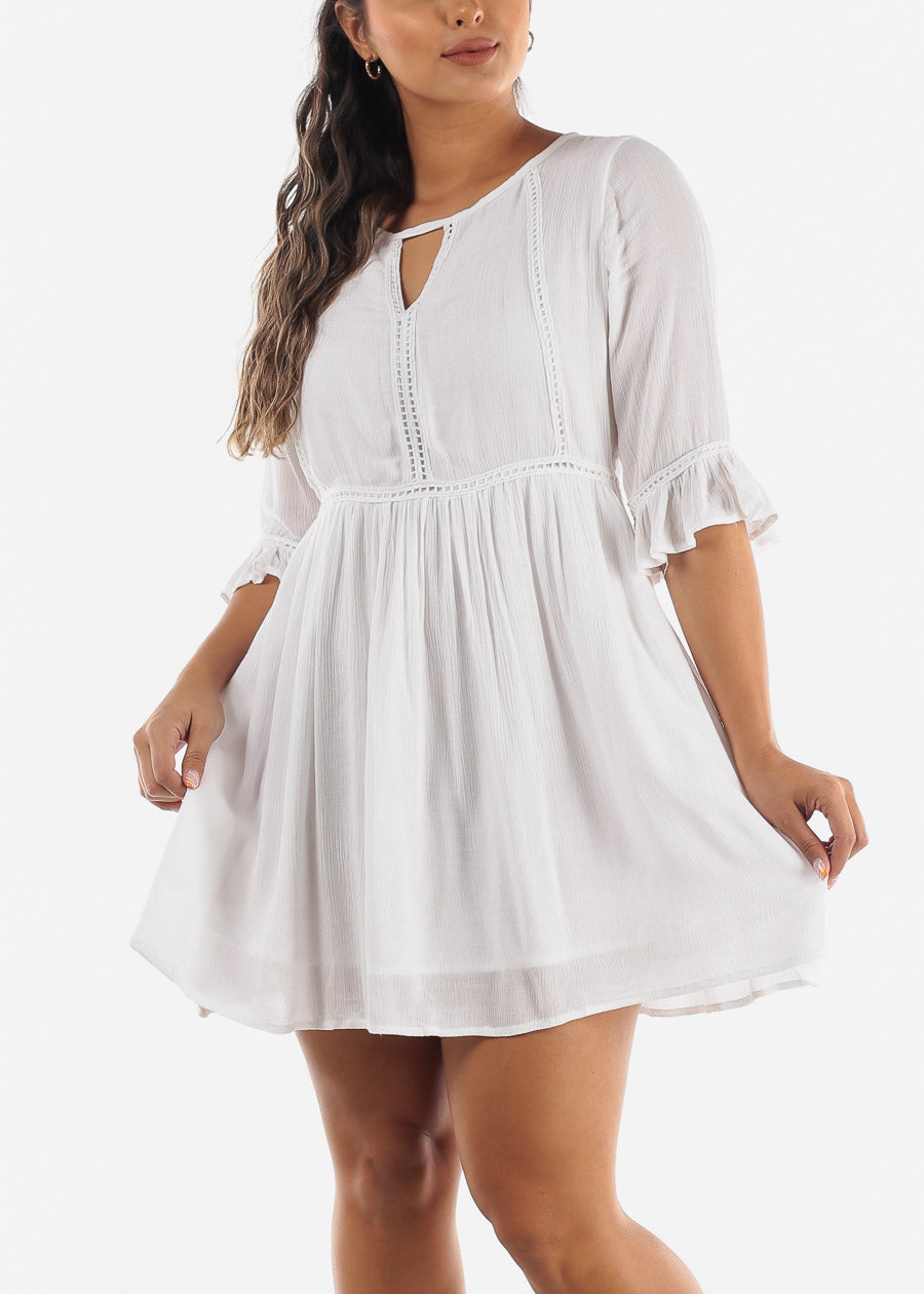 Linen White Mini Dress Quarter Sleeve