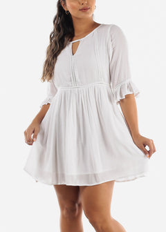 Linen White Mini Dress Quarter Sleeve