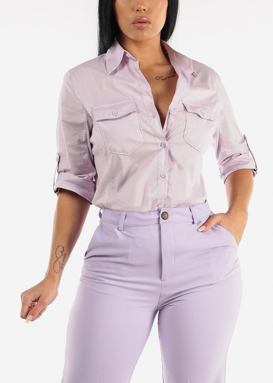 Quarter Sleeve Button Up Shirt Lilac w Contrast Panel