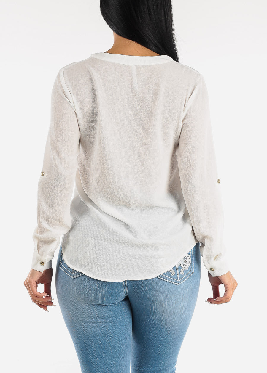 Long Sleeve Blouse Ivory w Front Half Placket