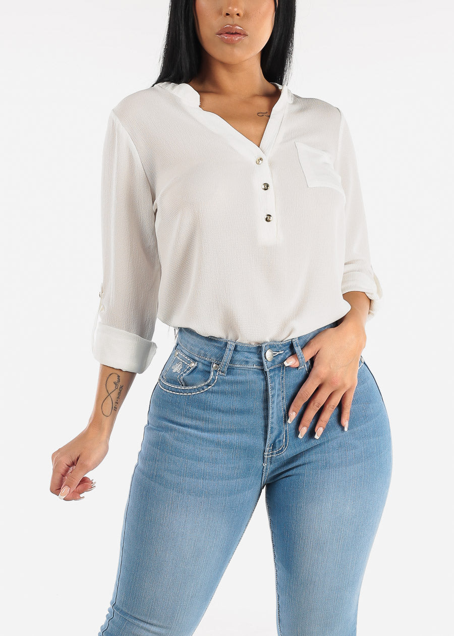 Long Sleeve Blouse Ivory w Front Half Placket