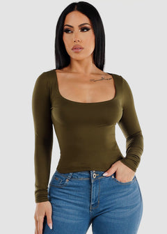 Long Sleeve Scoop Neck Fitted Top Olive