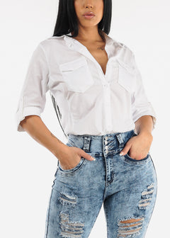 Quarter Sleeve Button Up Shirt White w Contrast Panel