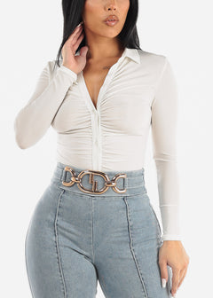 Long Sleeve Ruched Button Up Collared Bodysuit Off White