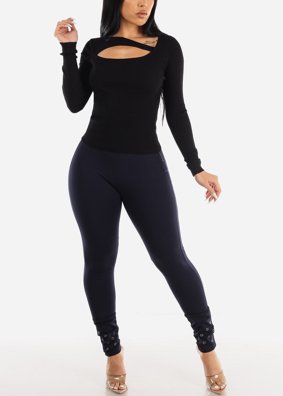 Fitted Long Sleeve Cut Out Black Sweater Top