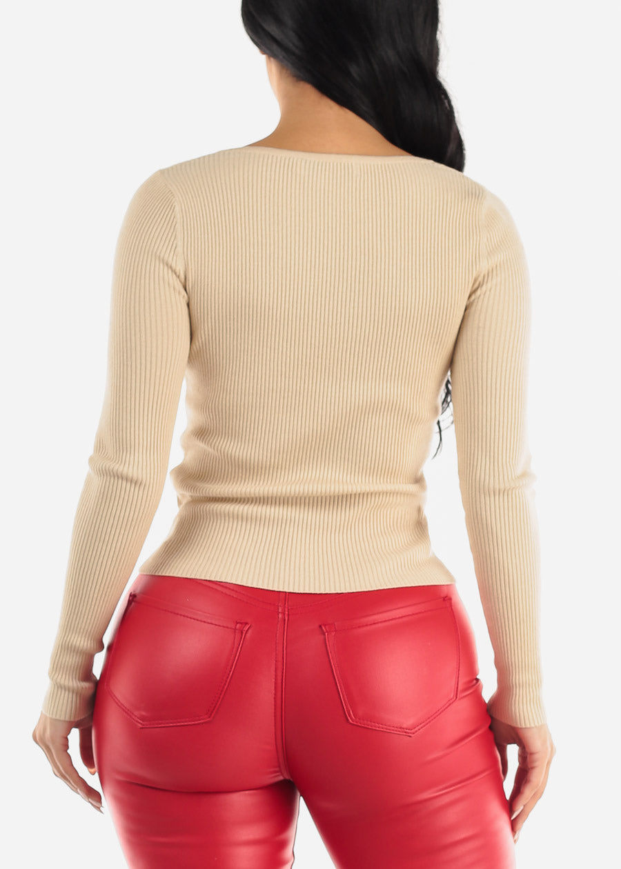 Fitted Long Sleeve Cut Out Sweater Top Tan
