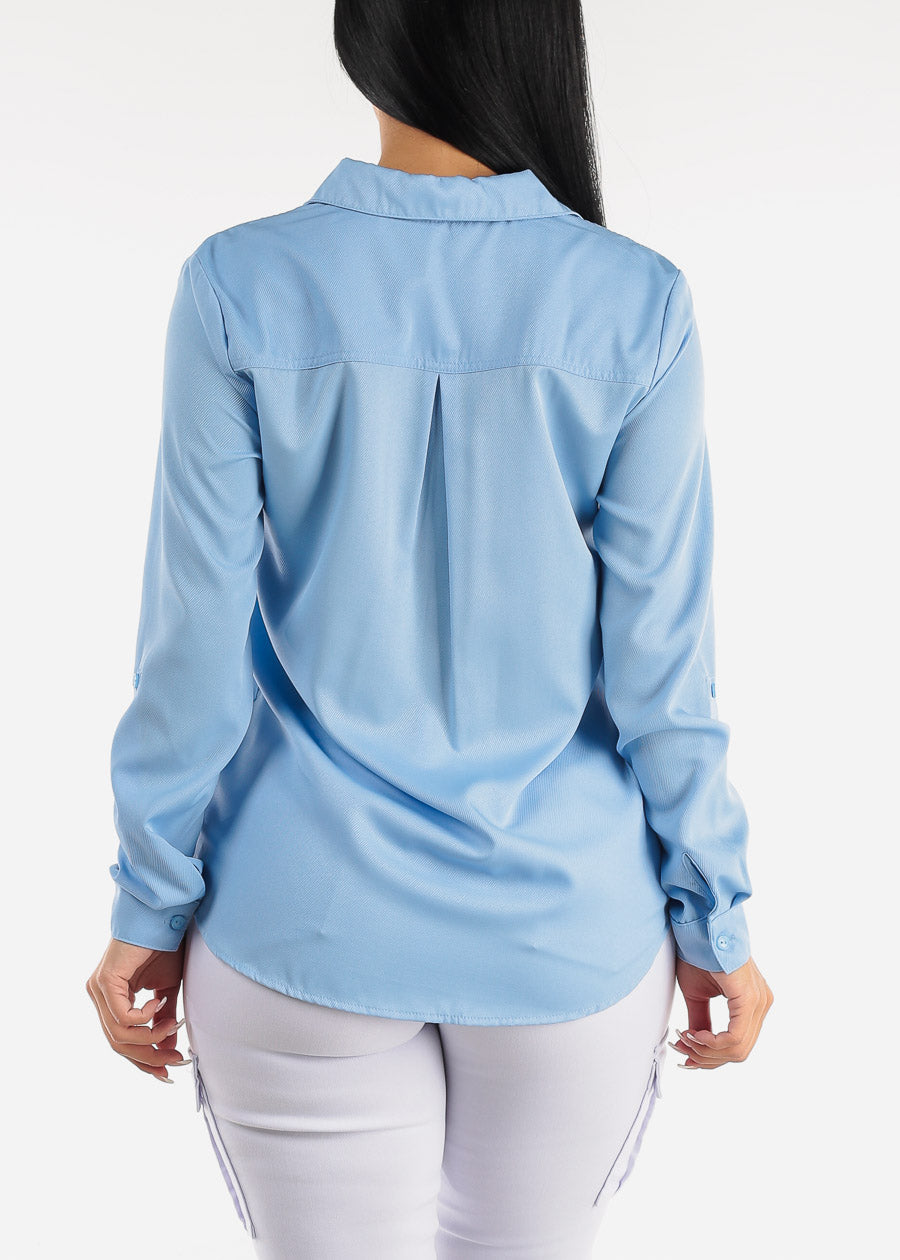 Twill Button Down Collared Blouse Light Blue
