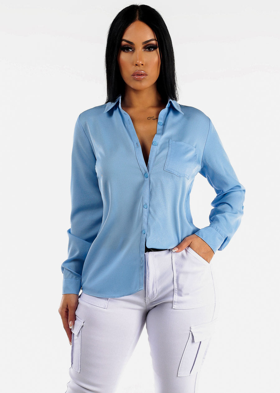 Twill Button Down Collared Blouse Light Blue
