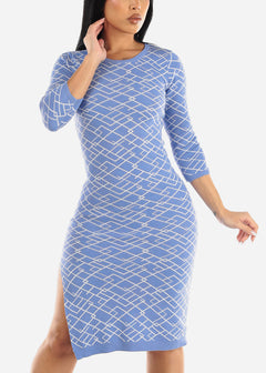 Quarter Sleeve Printed Bodycon Sweater Dress Light Blue