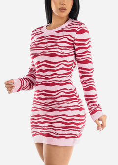 Zebra Print Mini Sweater Dress Red & Pink