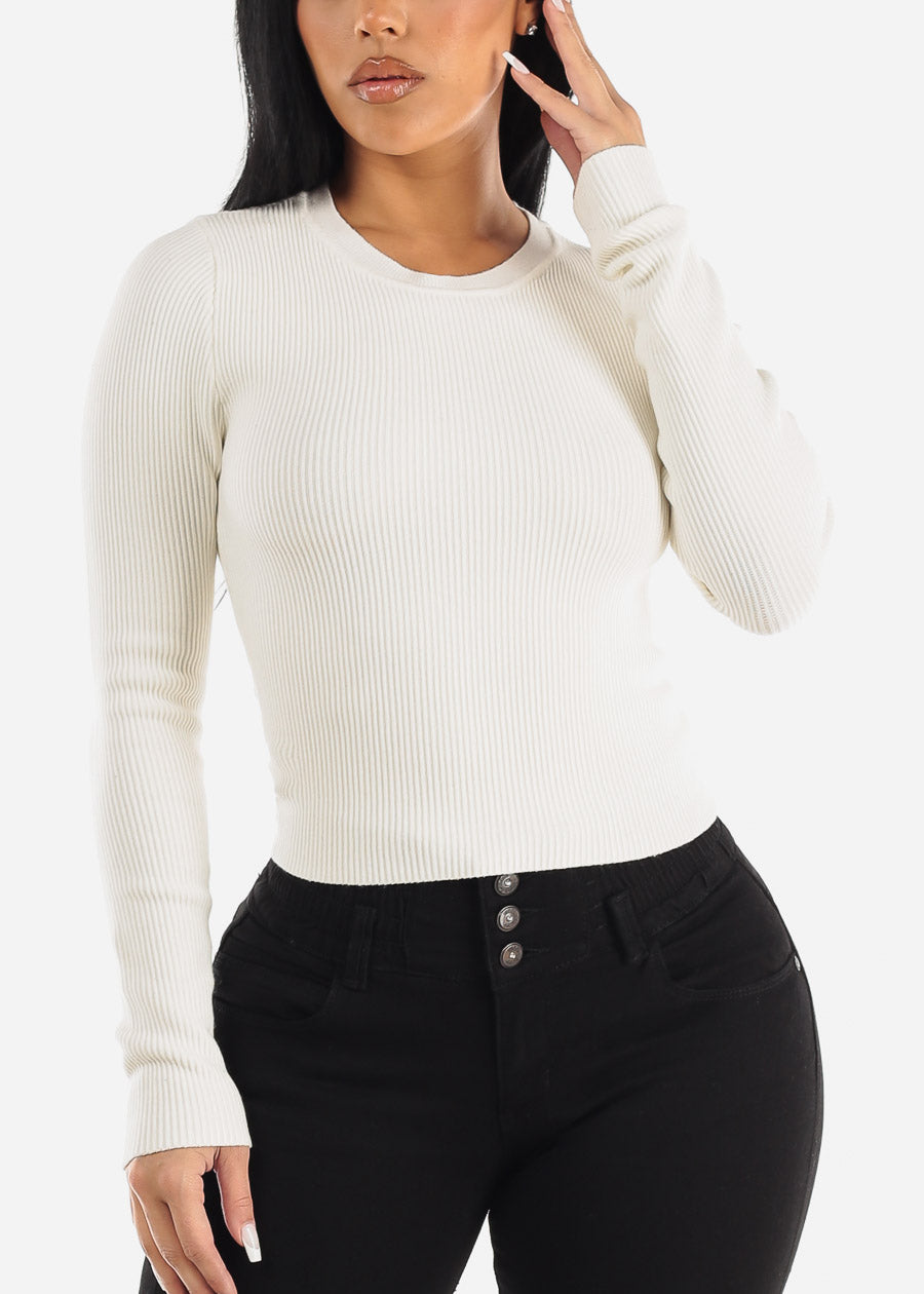 Crewneck Long Sleeve Ribbed Sweater Top Ivory