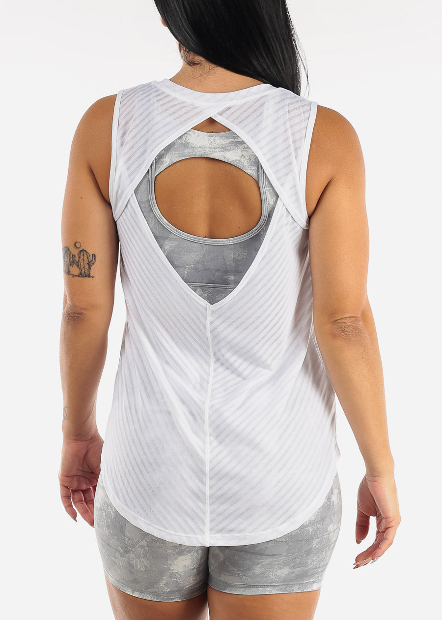 White Cut Out Back Sheer Striped Mesh Active Tank Top