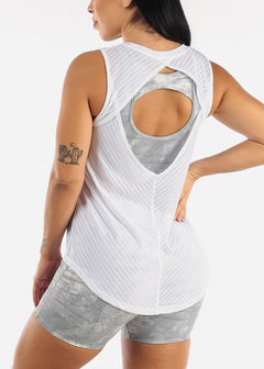 White Cut Out Back Sheer Striped Mesh Active Tank Top