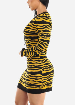 Zebra Print Sweater Mini Dress Black & Yellow